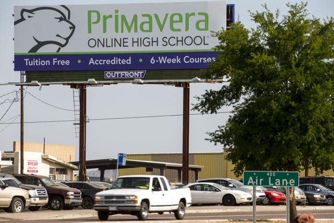 A billboard for Primavera Online High School is pictured on Aug. 8, 2018, in Phoenix.