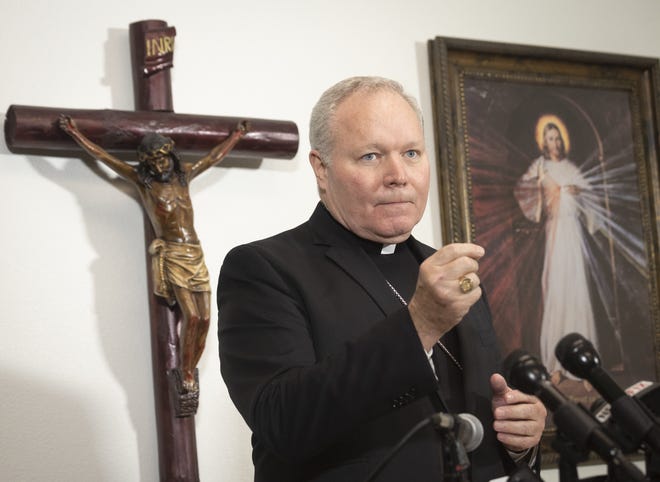 Dallas Bishop Edward Burns addresses the media Aug. 19, 2018, during a news conference. The Rev. Edmundo Paredes is accused of molesting teens and stealing from his parish, St. Cecilia Catholic Church in Dallas, where he had served for 27 years.