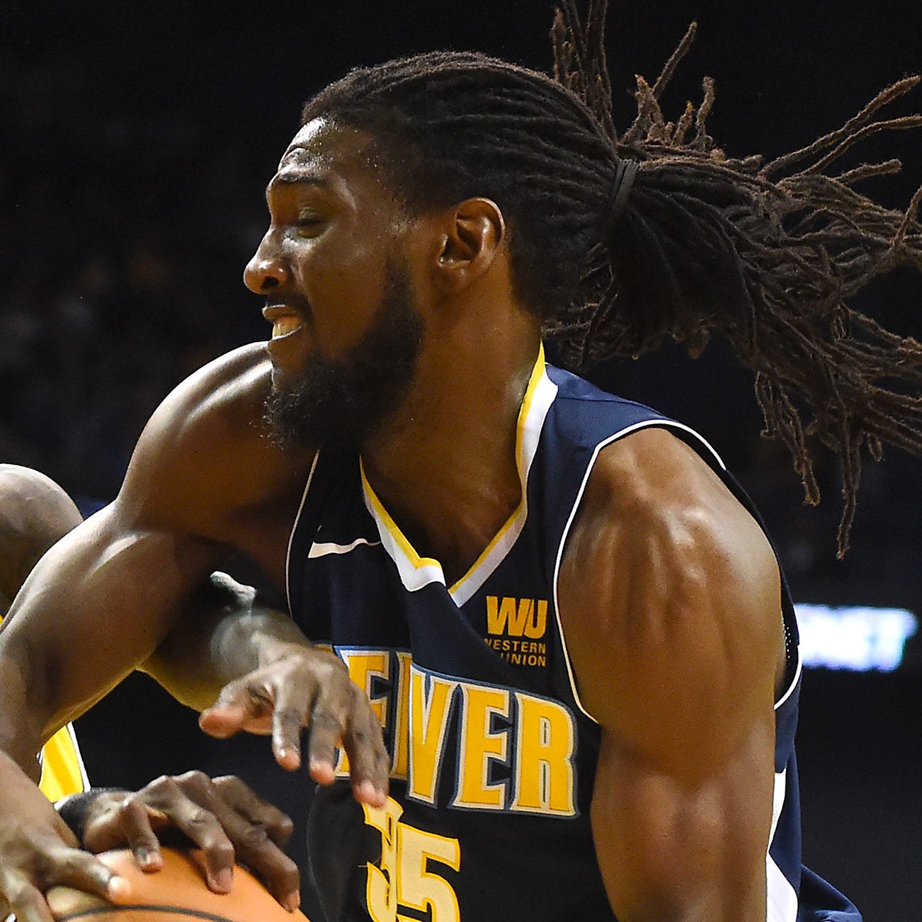 Oct 4, 2017; Ontario, CA, USA;  Denver Nuggets forward Kenneth Faried (35) and Los Angeles Lakers guard Briante Weber (12) battle for a rebound in the second half of the game at Citizens Business Bank Arena. Mandatory Credit: Jayne Kamin-Oncea-USA TO