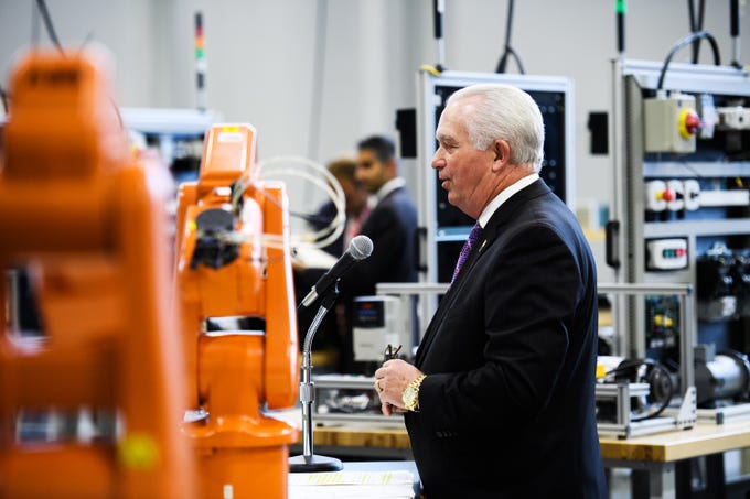 Dr. Tim Hardee speaks during an event at Greenville Technical College's Center for Manufacturing Innovation to celebrate a new bill that allows the school to offer a four-year degree in advanced manufacturing technology on Wednesday, Aug. 22, 2018.