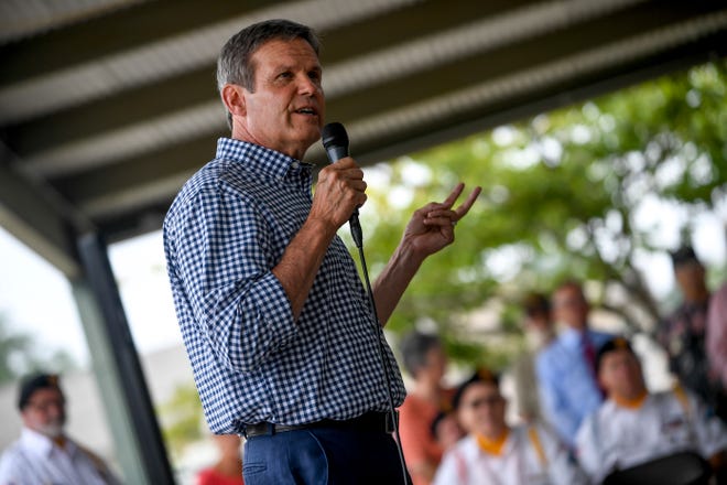 Republican gubernatorial candidate Bill Lee speaks to attendees at a campaign stop at West Tennessee Farmer's Market in Jackson, Tenn., on Wednesday, Aug. 22, 2018.
