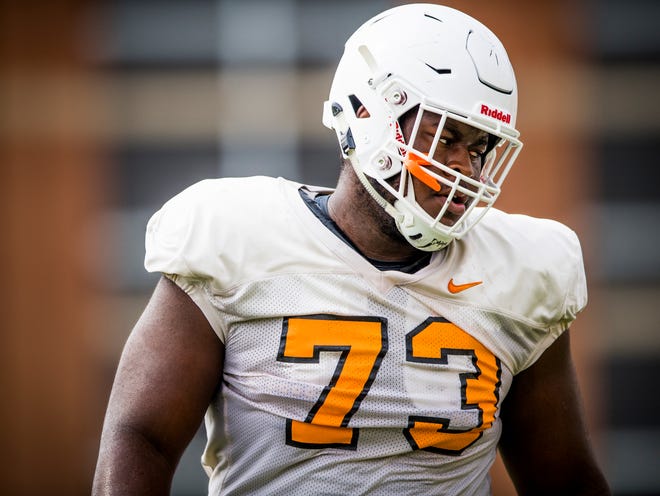 Tennessee offensive lineman Trey Smith (73) participates in afternoon football practice on UT's campus on Wednesday, August 22, 2018.
