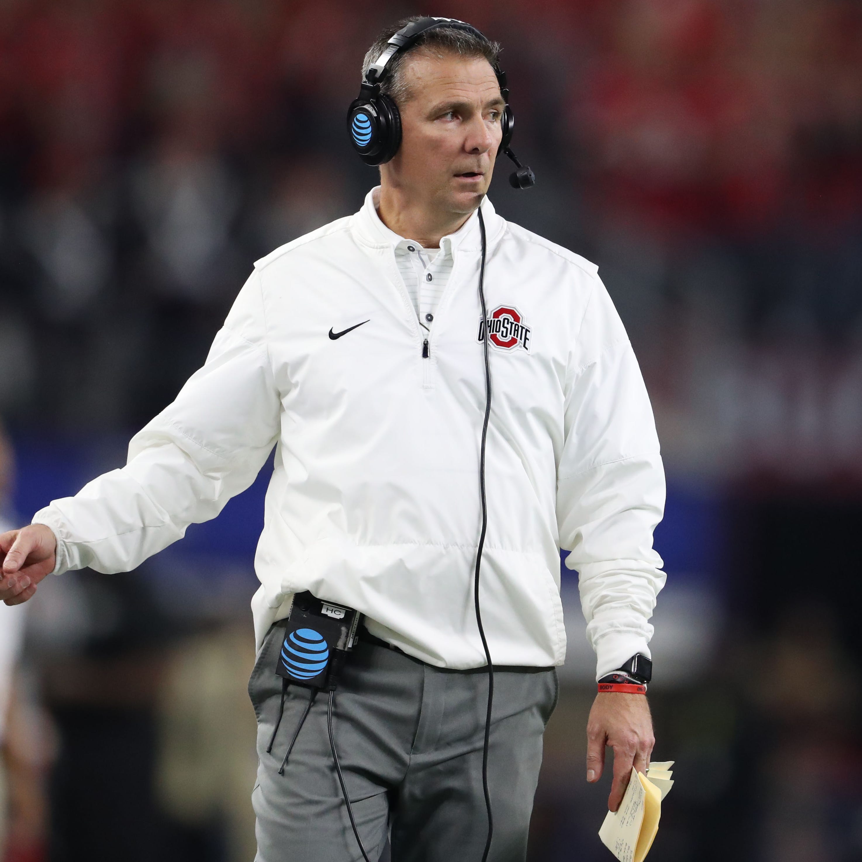 Ohio State coach Urban Meyer watches his team play against Southern California during the 2017 Cotton Bowl.