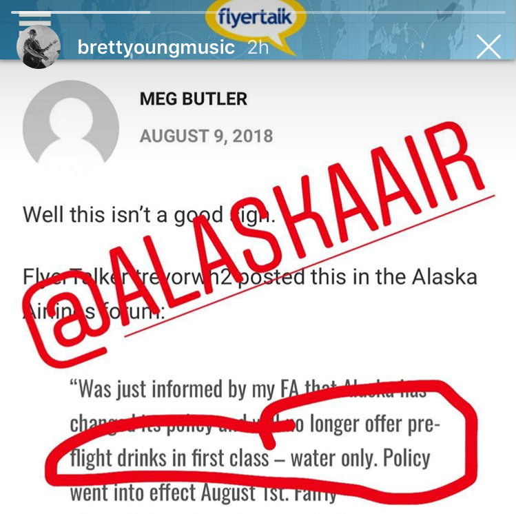 Country music singer Brett Young called out Alaska Airlines on Instagram for the airline's  new policy of no pre-flight alcoholic beverages.