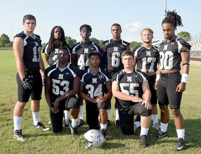 Key returnees for Northwest High are pictured here during the team's Aug.2 picture day. The Raiders will divide their team and play in two jamborees over the weekend. Included among the appearances is the Northwest High game Friday night with Opelousas High in the final contest of the annual St. Landry Parish Jaboree at Donald Gardner Stadium. Pictured are (11) Gabriel Vicknair, (2) Kameron Johnson, (44) L'Damien Semien, (6) Mekhi Hammond (7) Donathian Standberry (30) Chad Sam (Marcquez Mayo (34) Jayland Broussard (55) Drew Baham.