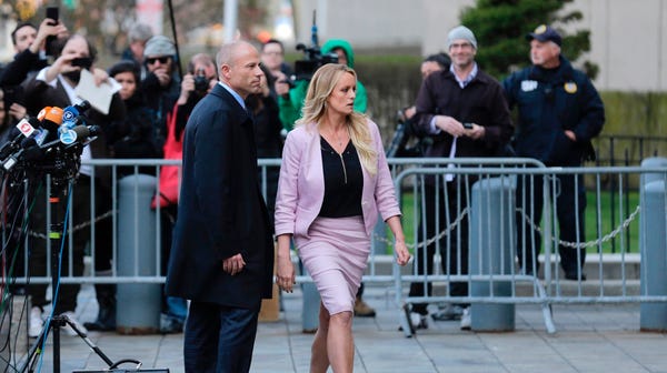 Porn actress Stormy Daniels, accompanied by her...