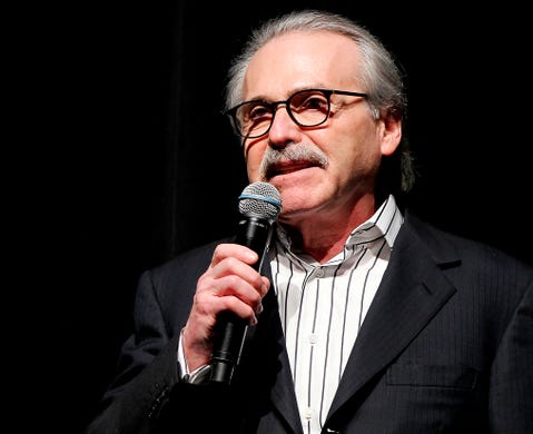 David Pecker, Chairman and CEO of American Media, addresses those attending the Shape & Men's Fitness Super Bowl Party in New York on Jan. 31, 2014. The Aug. 21, 2018 plea deal reached by Donald Trump's former attorney Michael Cohen has laid bare a relationship between the president and Pecker, whose company publishes the National Enquirer. Besides detailing the tabloid's involvement in payoffs to porn star Stormy Daniels and Playboy Playmate Karen McDougal to keep quiet about alleged affairs with Trump, court papers showed how David Pecker, a longtime friend of the president, offered to help Trump stave off negative stories during the 2016 campaign.