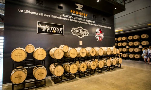 Foundry Distilling Co., brewer/distillers alliance barrels in their new facility and distillery Friday, Aug. 24, 2018, in West Des Moines.