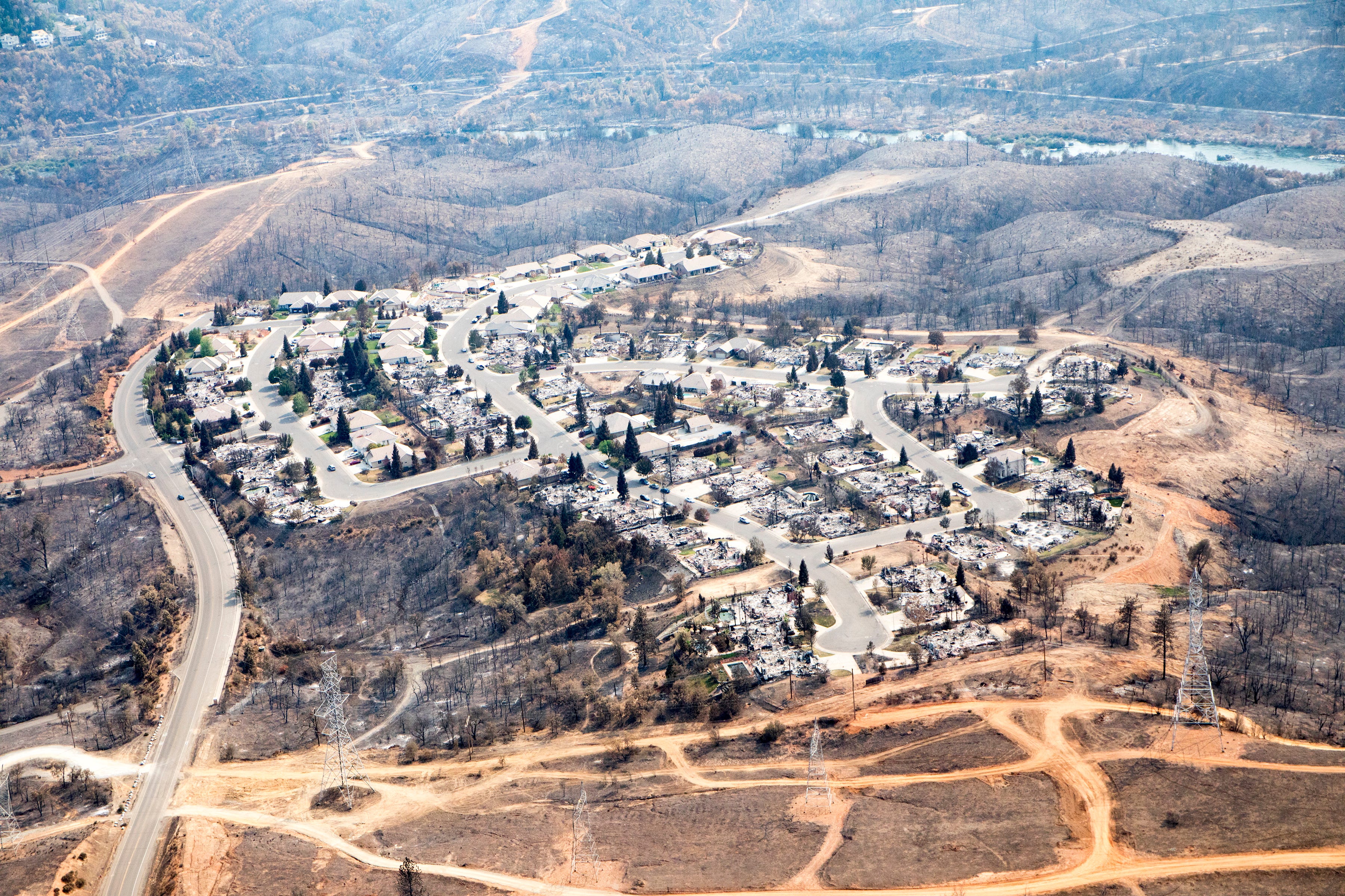 Aerial view Carr Fire in California scale of destruction