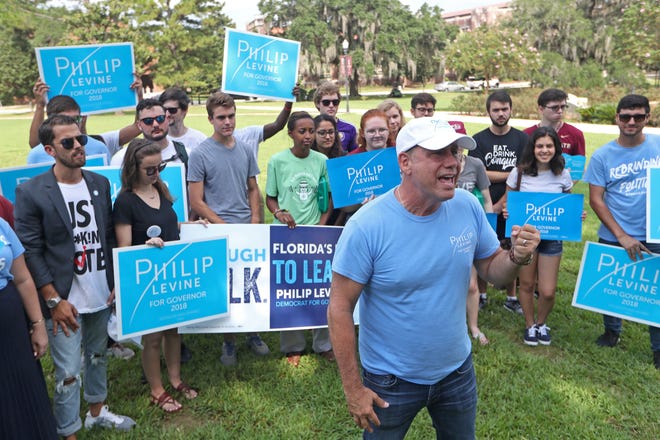 Gubernatorial candidate Philip Levine films a post for social media with campaign staffers and students behind him at Landis Green on FSU's campus Wednesday, Aug. 22, 2018.