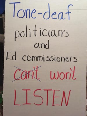 A sign made in preparation for a TNReady listening tour with Gov. Bill Haslam at Halls Elementary on Aug. 24, 2018.