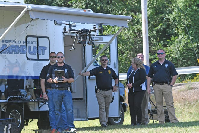 Det. Ryan Anschutz of the Mansfield Police Department flies one of the new drones during a demonstration at the K-9 Training Facility.