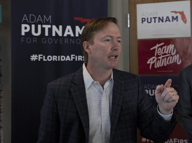 Adam Putnam speaks to a group of supporters at Bodacious Brew in Pensacola on Friday, Aug. 24, 2018.
