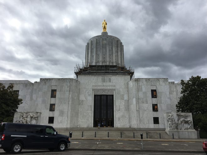 The Oregon State Capitol in Salem, Oregon, on Aug. 24, 2018. Construction work is being performed on the building's interior and exterior.