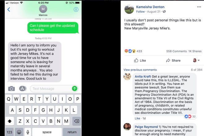 Kameisha Denton of Washington posted this screenshot of a text message she says she received from her manager. In it, her manager says Denton can no longer work for the restaurant because she will need to take maternity leave.