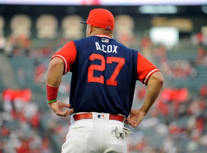 August 24, 2018; Anaheim, CA, USA; Los Angeles Angels center fielder Mike Trout (27) wears the name of his late brother in law Aaron Cox on his jersey in tribute before the game against the Houston Astros at Angel Stadium of Anaheim. Mandatory Credit: Gary A. Vasquez-USA TODAY Sports