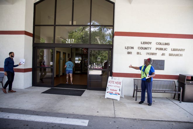 Members of the community gather at B.L. Perry Library to encourage citizens to take advantage of the last day of early voting, on August 26, 2018. 
