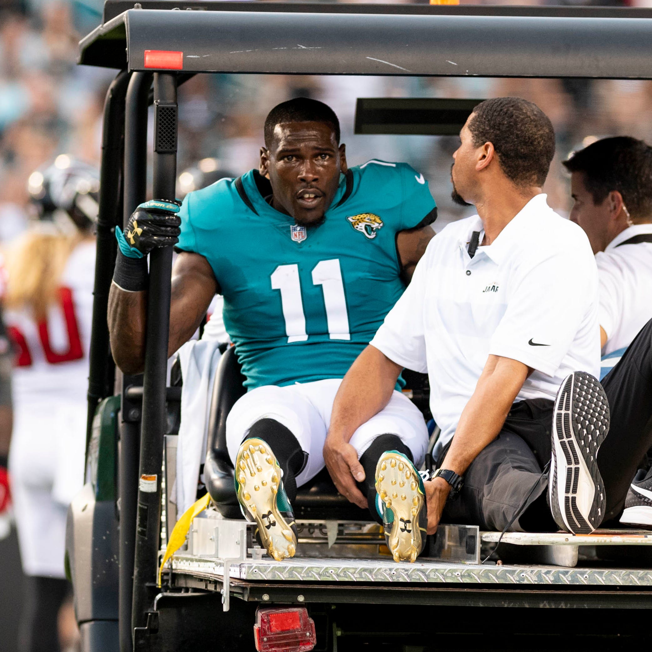 Jaguars WR Marqise Lee is carted off the field Saturday night.