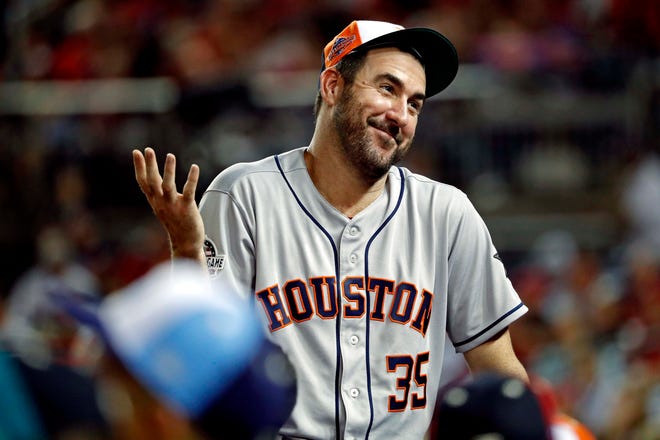 Justin Verlander of the Houston Astros reacts during the fourth inning in the 2018 MLB All Star Game at Nationals Ballpark.