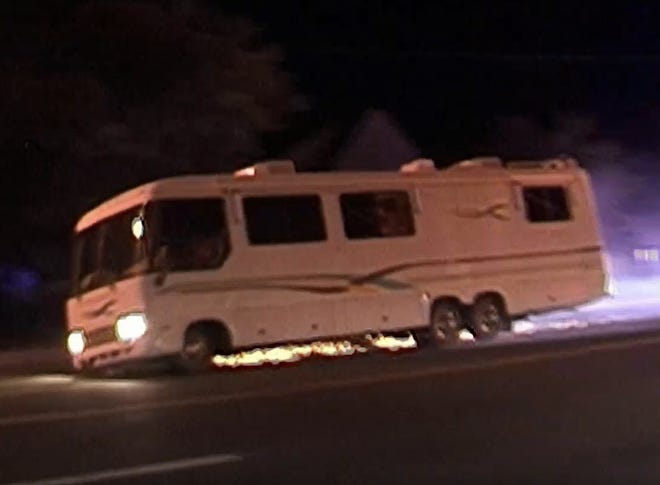 A still image taken from video of a police chase Sunday night involving a large RV. The chase started in the Stateline area of Lake Tahoe and ended in Douglas County.