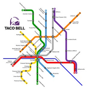 A map connecting all of the Greater Cincinnati and Northern Kentucky Taco Bell locations, made by Reddit user Epicapabilities.