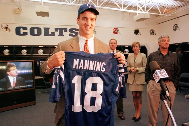 Peyton Manning of Tennesee made his appearance as a Colt on April 19, 1998, after being drafted by the team on April 18, 1998. He was joined by his parents, Archie and Olivia.