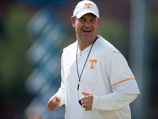 Tennessee Head Coach Jeremy Pruitt during football practice on Monday, August 27, 2018.