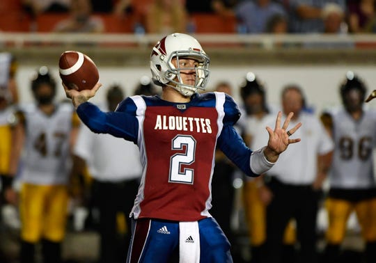 Alouettes quarterback Johnny Manziel had a pass in a CFL game against the Hamilton Tiger-Cats on August 3.