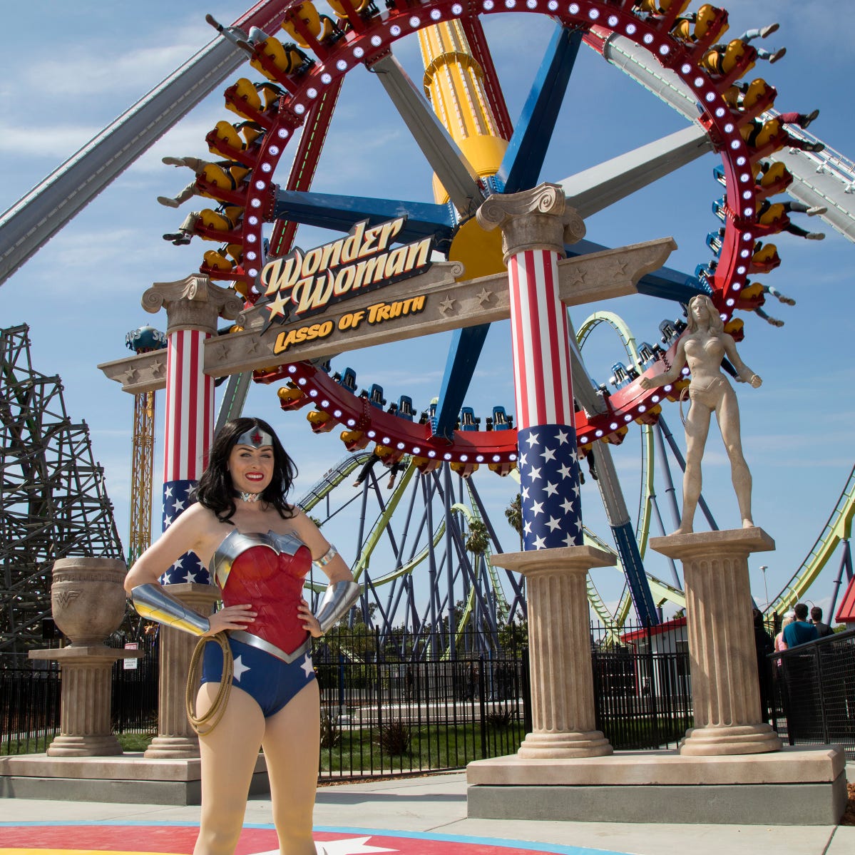 Wonder Woman is seen outside the Wonder Woman Lasso of Truth ride at Six Flags Discovery Kingdom in Vallejo, California. A taller version of the ride comes to Six Flags Great Adventure in Jackson next year.