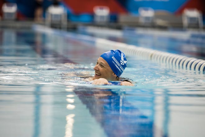 Master Sgt. Lisa Goad, Warrior Games athlete, swims during a Team Air Force swim practice at the U.S. Air Force Academy in Colorado Springs, Colo. on June 7, 2018. Goad is one of the 40 veterans and service members who competed for Team Air Force in the 2018 Department of Defense Warrior Games.