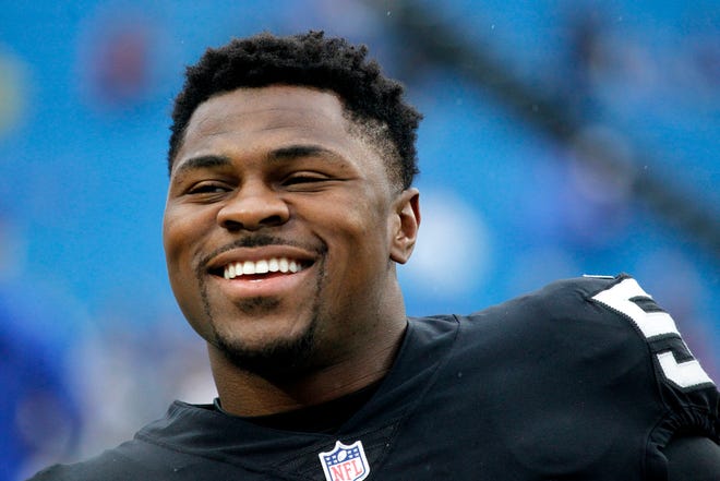 Oakland Raiders defensive end Khalil Mack works out prior to an NFL football game against the Buffalo Bills, Sunday, Oct. 29, 2017, in Orchard Park, N.Y. (AP Photo/Jeffrey T. Barnes)