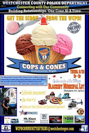 A poster advertising the Westchester County Police Department's Cops & Cones event.