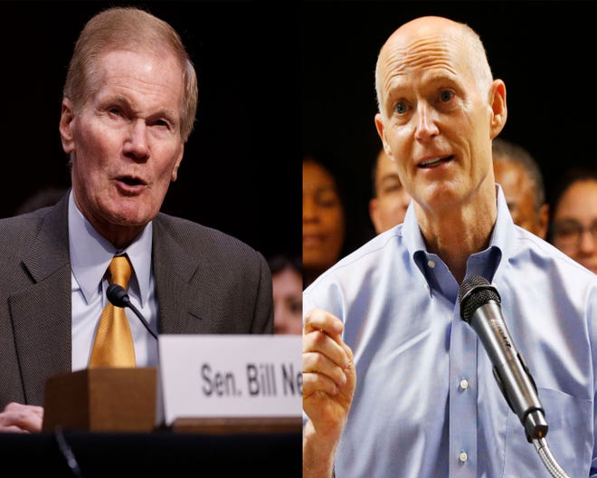 This combo image shows at left:  Sen. Bill Nelson, D-Fla., testifies during the Senate Judiciary Committee hearing on "See Something, Say Something: Oversight of the Parkland Shooting and Legislative Proposals to Improve School Safety" on March 14, 2018. (Photo by SHAWN THEW/EPA-EFE.) At right: Florida Gov. Rick Scott, center, speaks during a news conference at the Florida Department of Transportation (FDOT) District Four Office,  on Aug. 22, 2018.  (WILFREDO LEE/AP) 