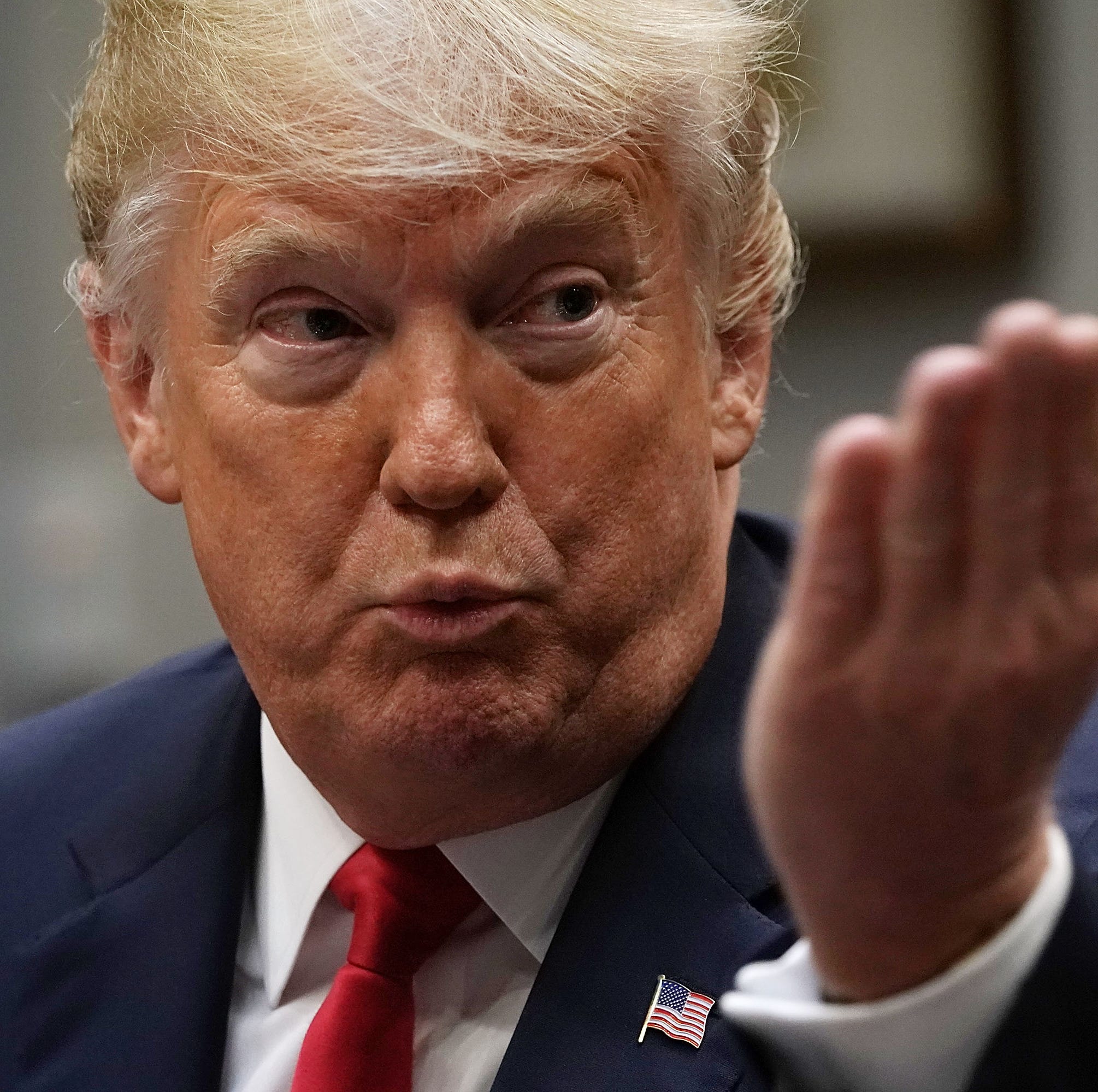 President Donald Trump speaks in the Roosevelt Room of the White House Wednesday.