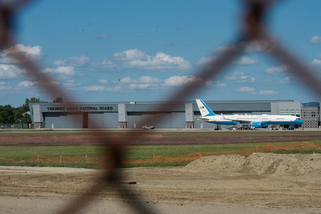 Air Force Two sits on the tarmac outside the Vermont National Guard hangar at the Burlington airport on Aug. 31 2018. Vice President Mike Pence landed shortly after 1:30 Friday afternoon, reportedly to spend the holiday weekend in Vermont.