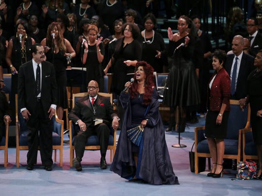 Chaka Khan performs a musical tribute during the funeral for the late Aretha Franklin at Greater Grace Temple in Detroit on Friday, August 31, 2018.