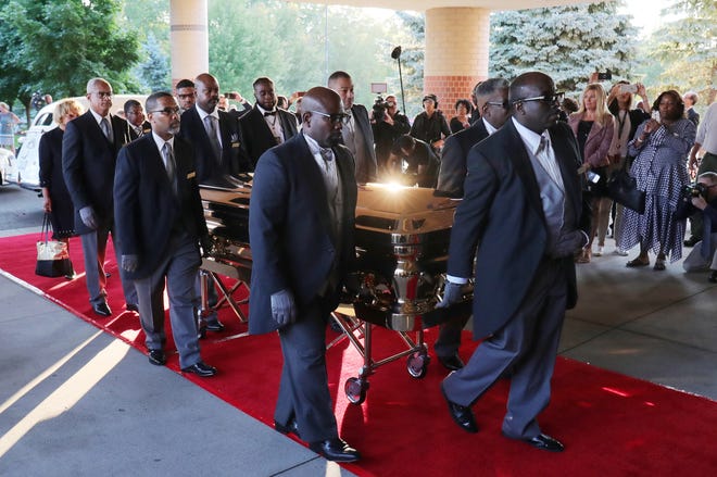 Aretha Franklin's casket arrives at Greater Grace Temple ahead of her funeral on Friday, August 31, 2018. Franklin died Aug. 16, 2018 of pancreatic cancer at the age of 76.