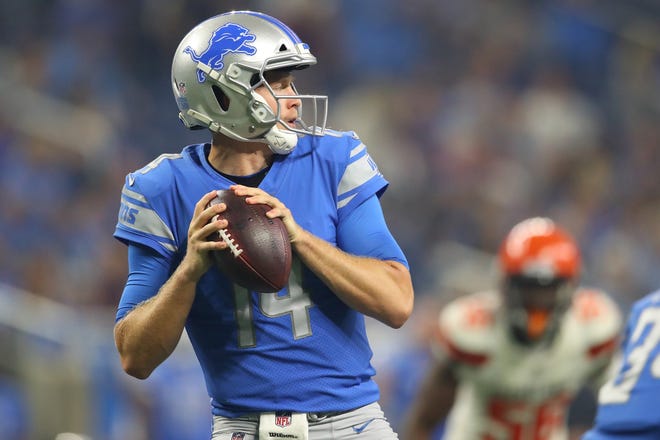 Detroit Lions QB Jake Rudock throws a first-quarter pass while playing the Cleveland Browns during a preseason game at Ford Field on Aug. 30, 2018 in Detroit.