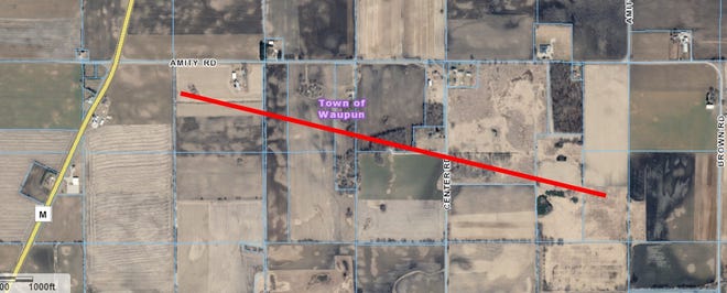 An estimated path the tornado captured by Fond du Lac County Sheriff's Office Chief Deputy Ryan Waldschmidt on his phone.