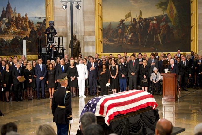 8/31/18 10:53:59 AM -- Washington, DC, U.S.A  -- The body of John McCain lies in state at the U.S. Capitol in Washington on Aug. 31, 2018 in Washington. Sen. McCain died on Aug. 25. --    Photo by Jasper Colt, USA TODAY Staff ORG XMIT:  JC 137436 McCain U.S. Capi 8/31/2018 (Via OlyDrop)