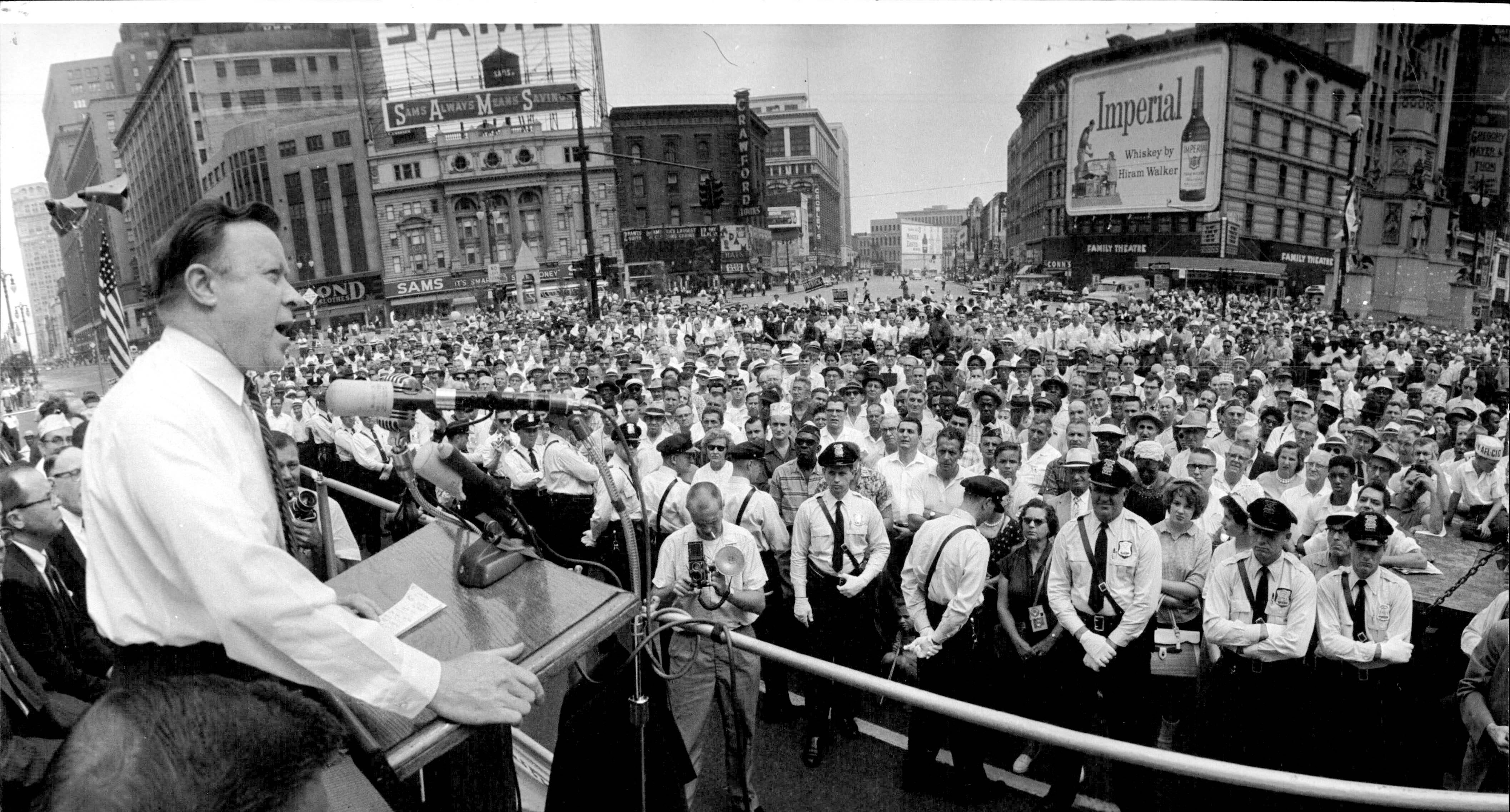 UAW leader Walter Reuther took a few minutes off from negotiating to speak at Cadillac Square, Sept. 4, 1961.