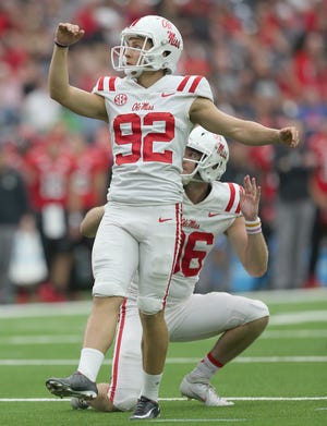 Ole Miss placekicker Luke Logan (92) makes a field goal against Texas Tech in the first quarter of the Rebels' season opening win Sept. 1 at Houston's NRG Stadium. Photo by Thomas B. Shea-USA TODAY Sports