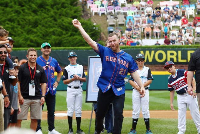 Todd Frazier, member of the 1998 LLBWS Champion Toms River East American Little League team throws out the first pitch at Lamade Stadium at the Little League Baseball World Series.  August 19, 2018, South Williamsport, Pa.