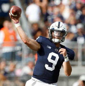 Penn State quarterback Trace McSorley (9) throws a pass against Appalachian State during the first half of an NCAA college football game in State College, Pa., Saturday, Sept. 1, 2018. (AP Photo/Chris Knight)