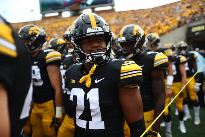 Iowa's Ivory Kelly-Martin waits to storm the field with teammates before the Hawkeyes' game against Northern Illinois at Kinnick Stadium on Satuday, Sept. 1, 2018.