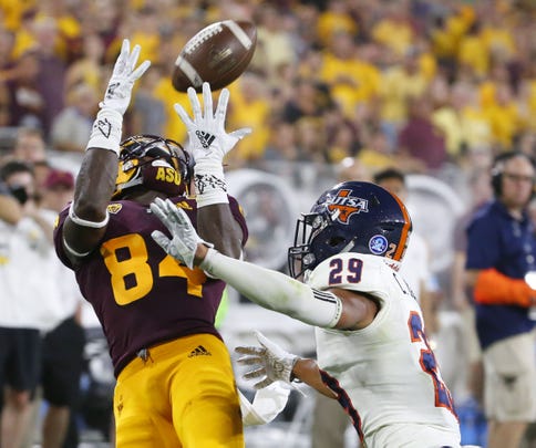 Frank Darby makes a catch against Texas-San Antonio in ASU's season opener on Sept. 1.