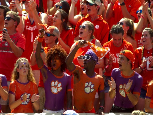 Week 1: Clemson Tigers fans react during the first quarter against the Furman Paladins at Clemson Memorial Stadium.