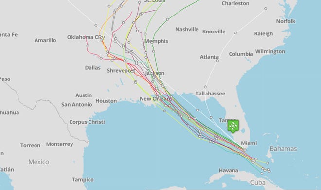 A screenshot showing predicted spaghetti models for Tropical Storm Gordon as on 8 a.m. Monday, Sept. 3, 2018.