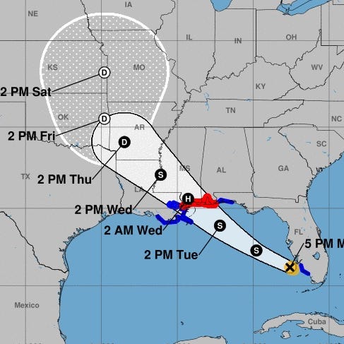 This Sept. 3, 2018, map from the National Hurricane Center showed the projected  path for Tropical Storm Gordon as of Sunday evening.