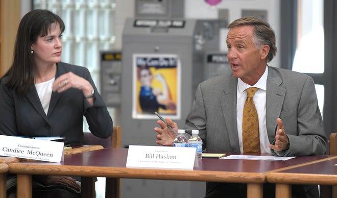 Tennessee Commissioner of Education Candice McQueen and Tennessee Gov. Bill Haslam attended the fourth listening tour roundtable discussion on the delivery of the TNReady assessment at Freedom Middle School in Franklin on Sept. 4, 2018. 